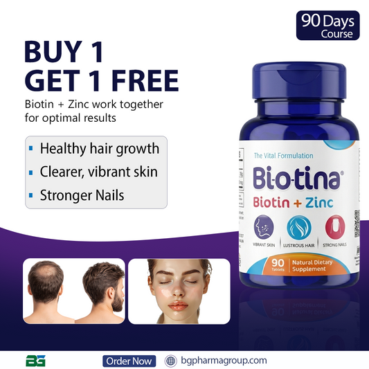 Biotina Biotin + Zinc dietary supplement bottle on a promotional graphic with text offering 'Buy 1 Get 1 Free' and before/after hair and skin photos.